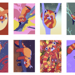 Lot de 8 cartes postales avec un dessin de panda roux différent sur chacune